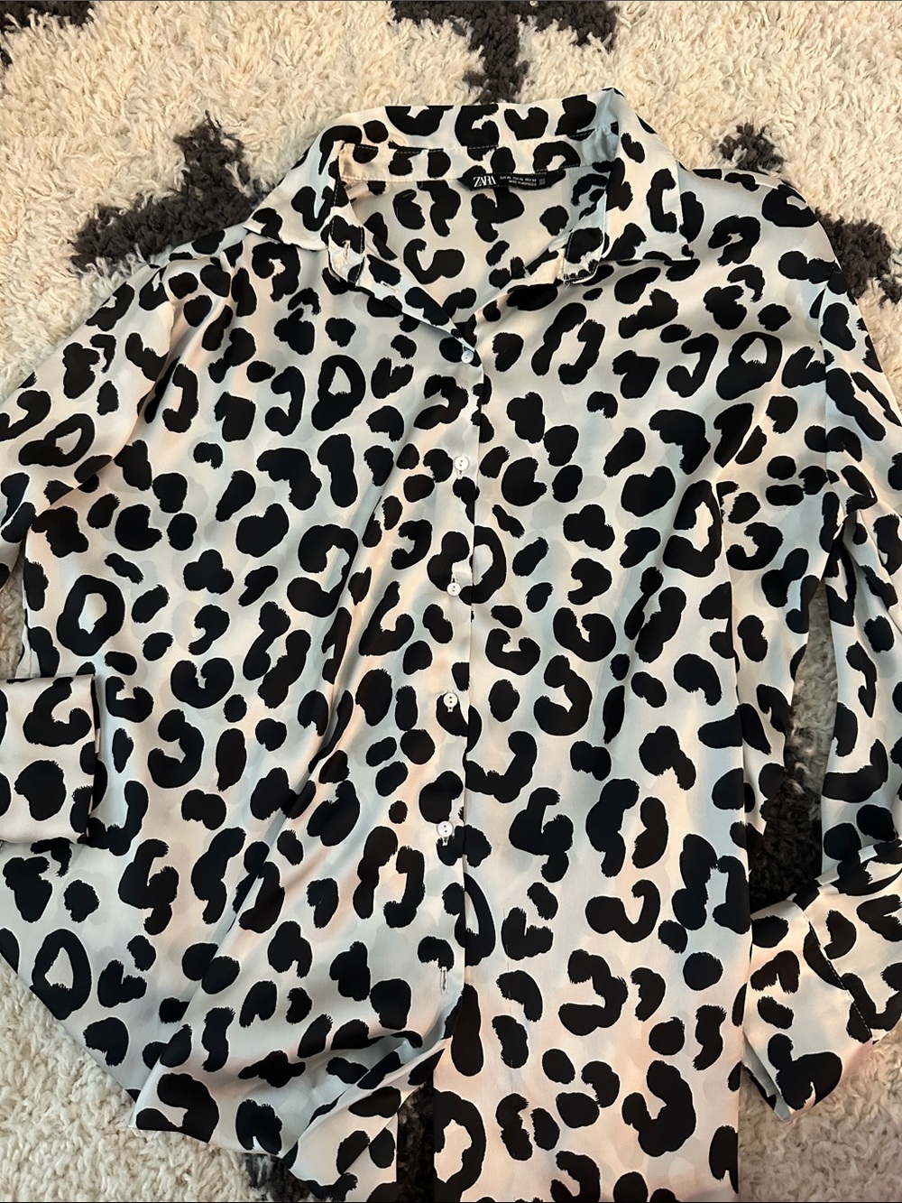 Zara black and white leopard silk blouse